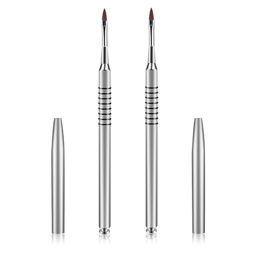 Hariendny 2 Pack 3D Nail Art Brush for Acrylic Kolinsky Acrylic Nail Brushes Set Nail Lining Brush Nail Salon Painting Brush Pen with Non-Slip Handle Silver Metal Nail Art Pen (Size #2)