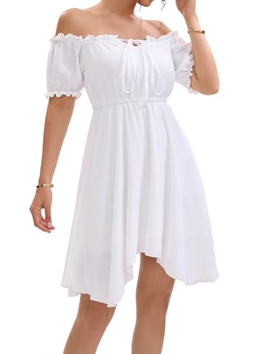 Image of Womens Off Shoulder Ruffle Puff Sleeve Tie Up Irregular Swiss Dot Mini Cottagecore Dress