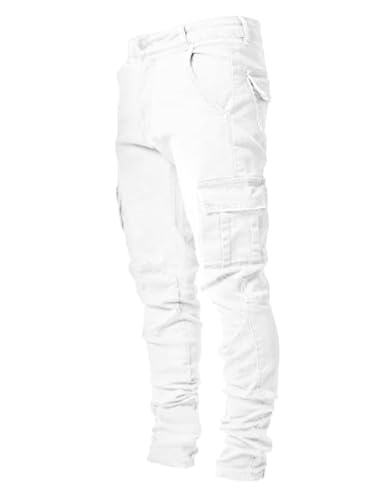 HUNGSON Men's Slim Fit Jeans 7 Pockets Stretch Skinny Denim Pencil Pants Nova Fashion(White,36)
