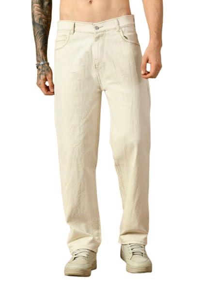 Beige Baggy Men Jeans, Cotton Denim, Regular Fit, Straight Leg, Mid Rise, Stretchable, Casual-image-44