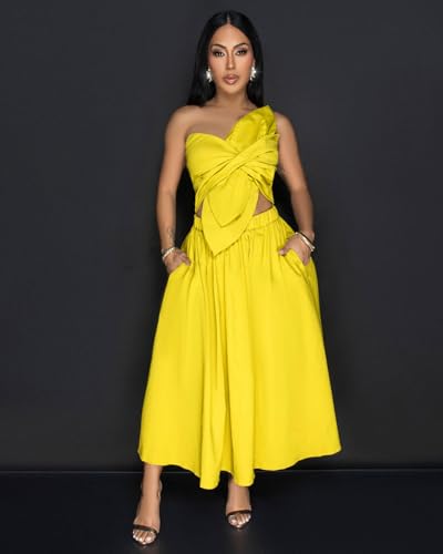 Image of YUEWOO Midi Dresses for Women Casual Summer Sundresses Vacation Outfits Spaghetti Strap Smocked Women Maxi Dress with Pockets
