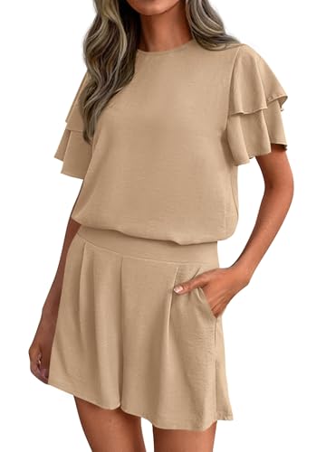 KIRUNDO Two Piece Sets for Women 2026 Spring Summer Ruffle Sleeve Lounge Matching Shorts Set Casual Beach Vacation Clothes(Khaki, Small)