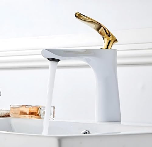 Image of AQUAKART Gold White Basin Mixer Tap Faucet with Connection Pipes Gold Colour (Golden Belle) (White-Gold)