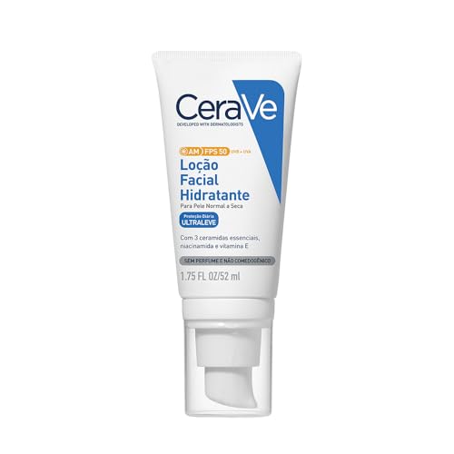 CeraVe Loção Facial Hidratante AM FPS 50 com 3 Ceramidas Essenciais, Ácido Hialurônico e Niacinamida, Hidratação 24h e Proteção UVA/UVB para Pele Normal a Seca, 52g
