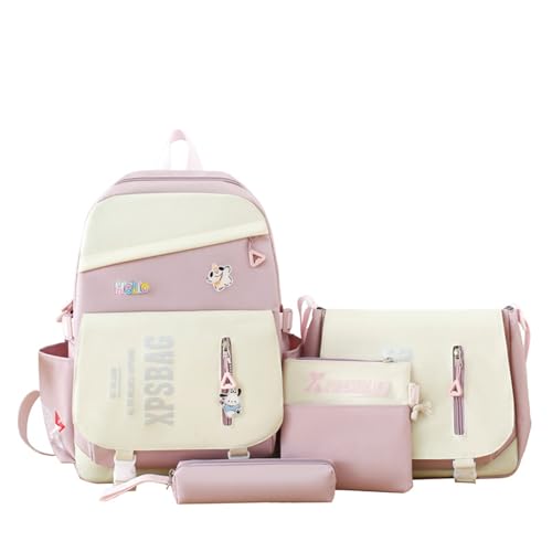 Kawaii 4PCS Backpack Set for Girls with Cute Bear Accessories - School Bookbag, Shoulder Bag, Handbag, Pen Pouch & More Student Back to School Supplies (24B01, Pink)