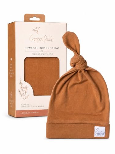 Image of Copper Pearl Baby Beanie Hat Top Knot Stretchy Soft Camel