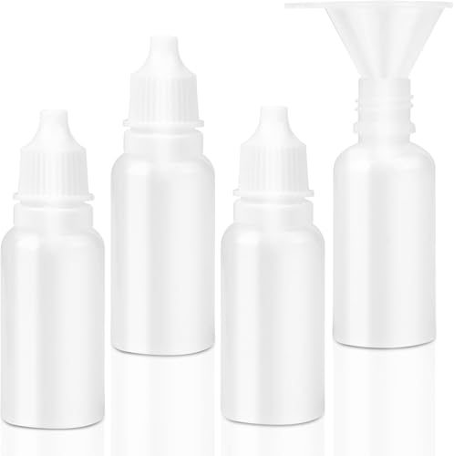Juego de 5 frascos cuentagotas de plástico – 4 frascos cuentagotas de plástico de 15 ml/0,5 oz con 1 embudo, vacío, aplastable, portátil, para líquido ocular, pequeños recipientes rellenables con tapa