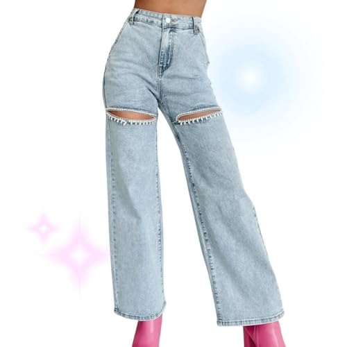 Women's Rhinestone Jeans Straight Legs Baggy Jeans, Summer Casual High Waisted Distressed Denim Pants for Streetwear
