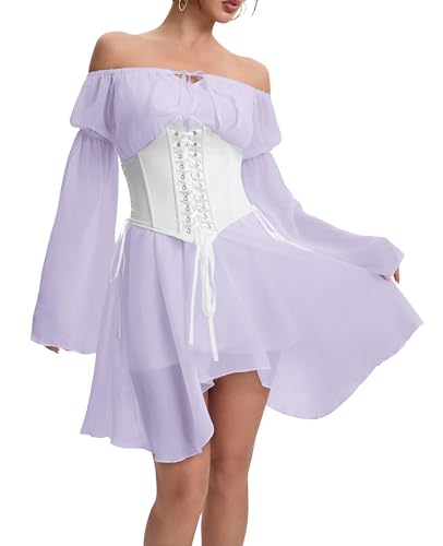 Image of Womens Corset Dresses Off Shoulder Bell Sleeve Casual Party Fairy Two Piece Outfits Bustier Dress