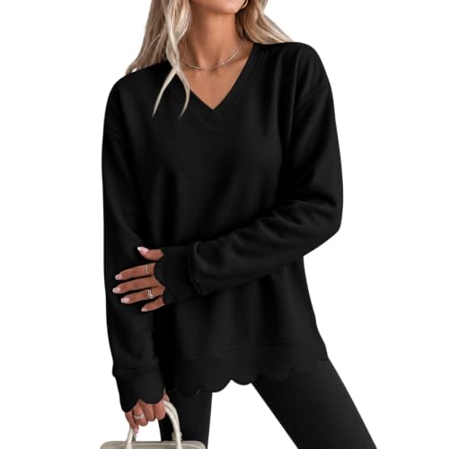 V Neck Scalloped Sweatshirts Women Oversized Layered Pullover Sweatshirt - image 1