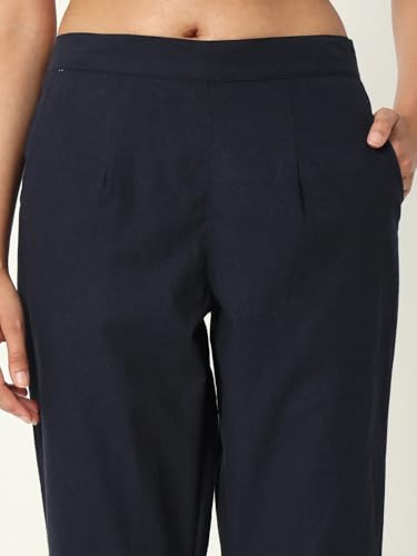 Image of Women's Solid Straight Fit 100% Cotton Trousers | High Waist, Side Pockets, Ankle Length Pants for Office, Casual