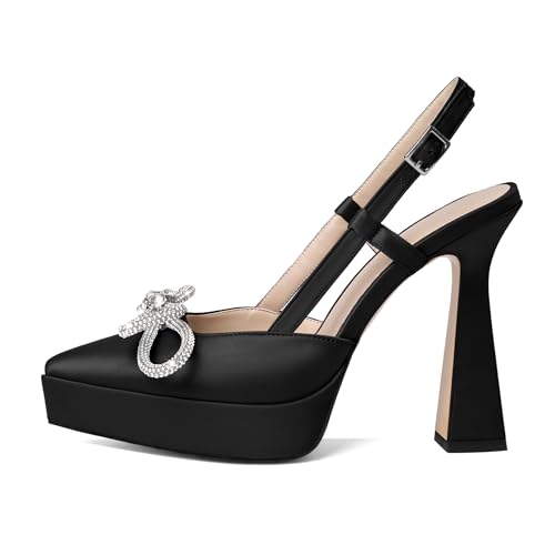 Joseywade Rhinstone Bow Heels for Women Slingback Chunky High Heel Pumps Platform Heels 5 Inch Wedding Bridal Dress Shoes2