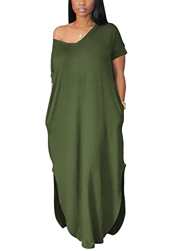 Damen Sommer Casual Kurzarm V-Ausschnitt T-Shirt Langes Kleid Lose Seitlich Split Strand Maxikleider mit Tasche, 79-dunkelgrün, Klein Cover