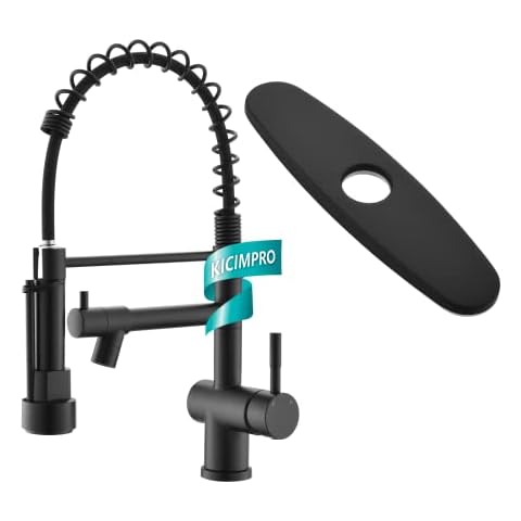 Kicimpro Commercial Faucet with Sprayer, Matte Black Kitchen Faucet Modern Single Handle with deck plate Cover