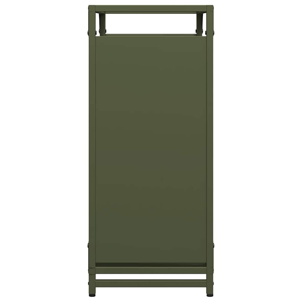 Regał na drewno oliwkowo-zielony, 60 x 28 x 65 cm, wykonany ze stali walcowanej na zimno, wytrzymały stojak do efektywnego przechowywania drewna, dekoracja na zewnątrz i kominek.
