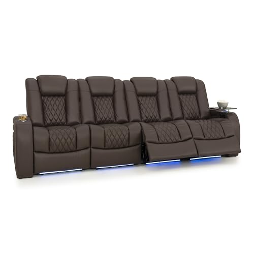 Image of Seatcraft Diamante Brown Italian Leather Home Theater Seating, Zero Gravity Power Recliner Gaming and Home Office Chair, Powered Headrest Lounge Sofa Furniture for Cinema Room, Row of 4 Sofa
