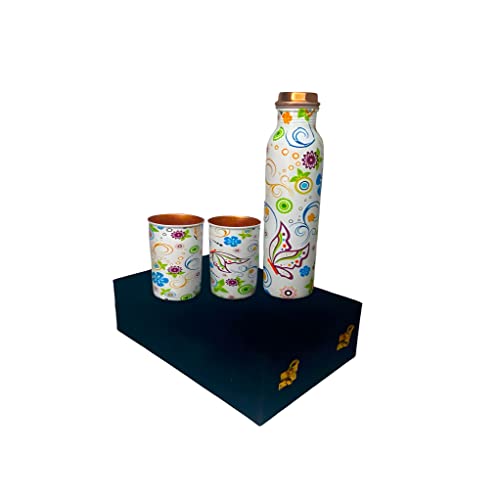 Image of Copper Water Bottle 1 Ltr | Copper Water Bottle with Glass Set | Meena Work | 100% Pure | Leak-Proof | 2 Water Glass 300ml each | Best for Gifting (Meena Printed)