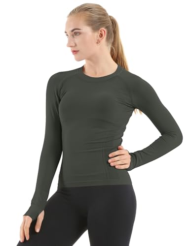 Image of MathCat Seamless Workout Shirts for Women Long Sleeve Yoga Tops Sports Running Shirt Breathable Athletic Top Slim Fit XS-XL Moss Green