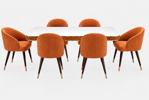 Image of WOODEN SPACE 6-Seater Wooden Dining Table Set | Nano Composite Marble Top | Solid Wood Base | Modern Dining Room Furniture with 6 Chairs (Mustard)