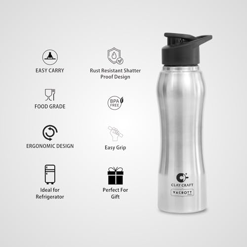 Image of Clay Craft VACBOTT Neo Single Walled Non Insulated Water Bottle-750ML, 5-Piece(Silver) Leak Proof | Easy Grip |Easy To Carry| Gym Bottle | Home | Kitchen | Hiking | Treking Bottle | Travel Bottle