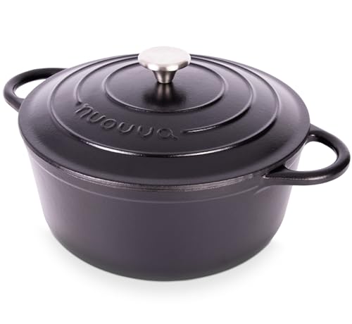 Image of Nuovva Enamelled Cast Iron Dutch Oven Pot with Lid - 6.4 Quart Non Stick Casserole Pot - Heavy Duty & Oven Safe up to 500 F for Bread Baking, Braising, Stews, Roasting - 28cm Black