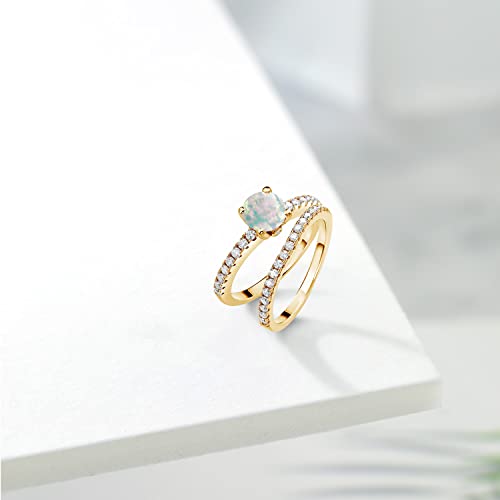 Gem Stone King 18K Yellow Gold Plated Silver Gemstone Birthstone and White Moissanite Wedding Engagement Band Bridal Set Ring for Women | Round 6MM and 1.3MM | Available in Size 5-94