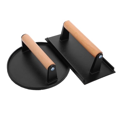 NAMOARLY 2pcs Heavy Duty Cast Iron Burger Press with Wood Handle Rectangle Round Shape Meat Smasher for Even Cooking of Steak Bacon and Sandwiches