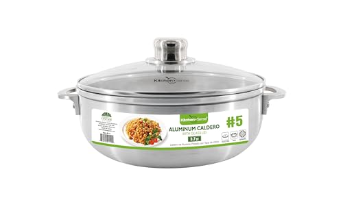 Kitchen Sense Aluminum Caldero Pot with Glass Lid 3.7 Quart Dutch Oven, Nonstick Surface, Ideal for Stew, Braising, Boiling, Cooking Rice, Large Meals, Traditional Spanish and Puerto Rican Cuisine