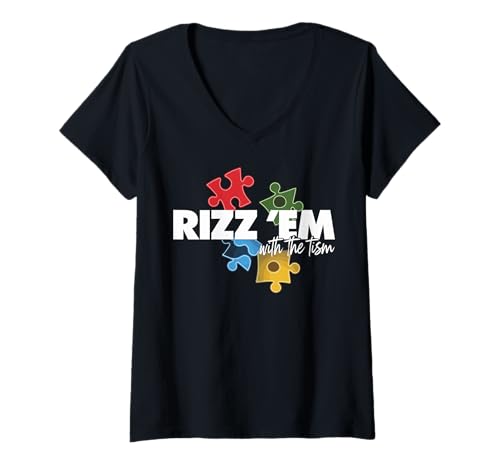 Mujer Rizz Em With The Tism Kids Funny Autism Women Men Anime Camiseta Cuello V