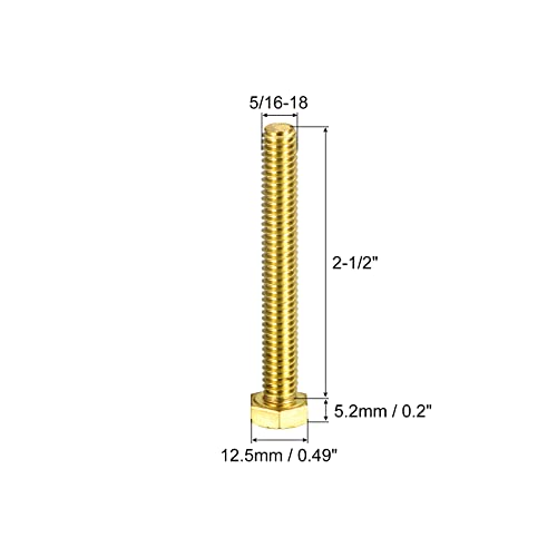 Image of uxcell Brass Hex Bolts, 5 /16-18x2-1 /2 1pcs Fully Thread Grade 4.8 Solid Brass Hexagon Head Bolt Machine Screws for Machinery