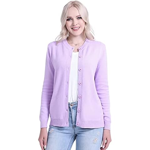 SMILING PINKER Women's cardigan basic crew neck knitted coat with button, Pastel Lilac, M Cover