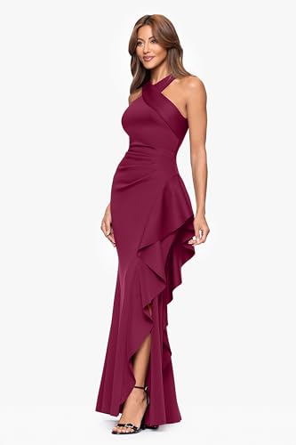 Image of Xscape Evenings Women's Long, Bodycon Low-Sheen Cross Front Halter Neck Evening Dress with Ruching & Ruffle Detail