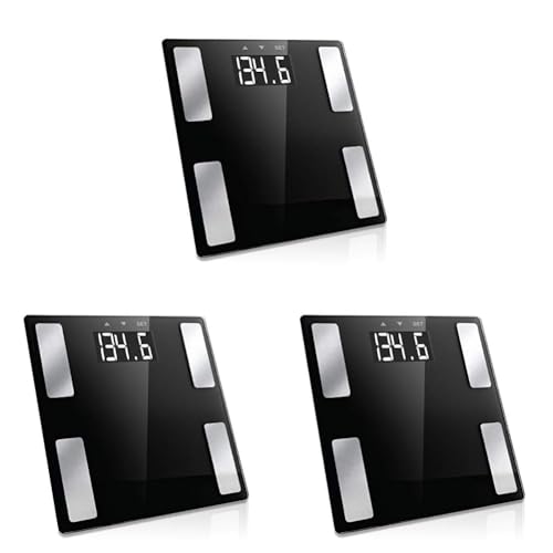 Vivitar PS-V163-B Body Analysis Digital Bathroom Scale With An Easy To Read LCD Display Wireless Weight Smart Body Fat Scale Sleek Tempered Glass Platform, Large Display, 400 Pounds, Black (Pack of 3)