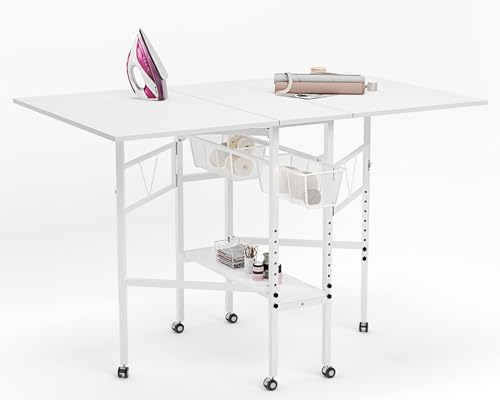 CRAFTEASE Foldable Hobby and Cutting Table - 59" W x 36" D White Arts and Crafts Table with Height Adjustable and 2 Storage Drawers, Mobile Sewing Desk for Home Office Sewing Room Craft Room