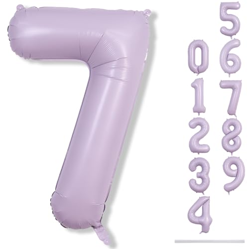 Image of 40 Inch Balloon Number 7 Pastel Purple, Large Mylar Foil Light Purple Number Seven Balloons Set for Girls Women, Dusty Lilac Globos de Numero 7 Helium Balloons for Girls 7th Birthday Party Decorations