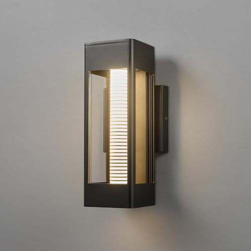 Image of Globe Electric 11W LED Integrated Outdoor Wall Sconce, Matte Black, Horizontal Etched Glass, Downlight, Dimmable, 2700K, 600 Lumens, 90 CRI, Front Patio, Exterior Lighting for House