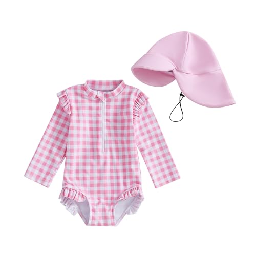 Ursobutegl Newborn Infant Baby Girl Swimsuit Checkerboard Long Sleeve Rash Guard Hat Zipper Bathing Suit Beach Wear Swimwear (Pink, 2-3 Years)