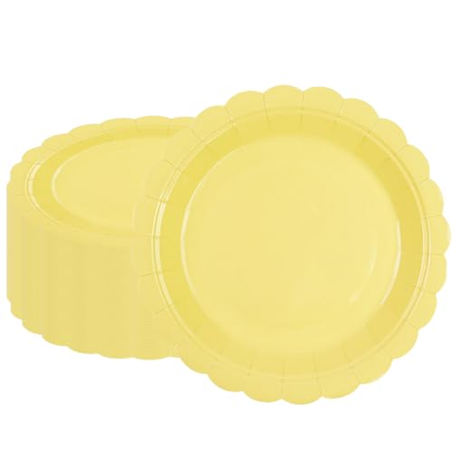 BOKFJBP 50Pcs Yellow Paper Plates-Disposable 7Inch Scalloped Dessert Cake Salad Fruit Plates Dinnerware Party Supplies for Summer Birthday Wedding Baby Shower Holiday Picnic Outdoor Table Decor