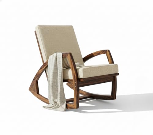 Image of Solid Sheesham Wood Rocking Chair for Living Room - Upholstered Relaxing Chair - Wooden Rocking Chair for Adults for Home Outdoor Indoor (Walnut, Cade)