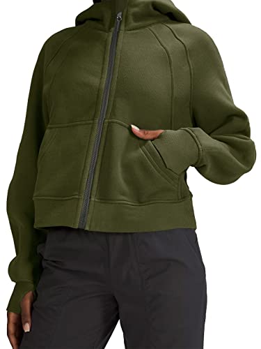 Laslulu Womens Athletic Hoodies Zipper Long Sleeve Crop Tops Oversized Winter Warm Sweater Fleece Lined Sweatshirt Workout Tops With Thumb Hole(Army Green-Medium) #TOP1