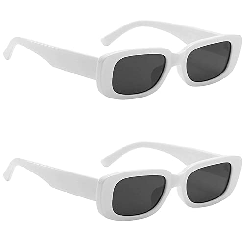 Image of Retro Rectangle Sunglasses for Women & Men | UV400 Protection | Trendy Thick Frame Fashion Eyewear | Lightweight Casual Shades | Black & White Combo Pack