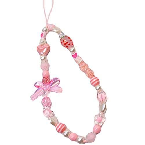 Beaded Lanyards For Women Pink Cartoon Bear Phone Strap Charm Flower Bow Strawberry Love Letters Imitation Pearl Accessory #TOP26