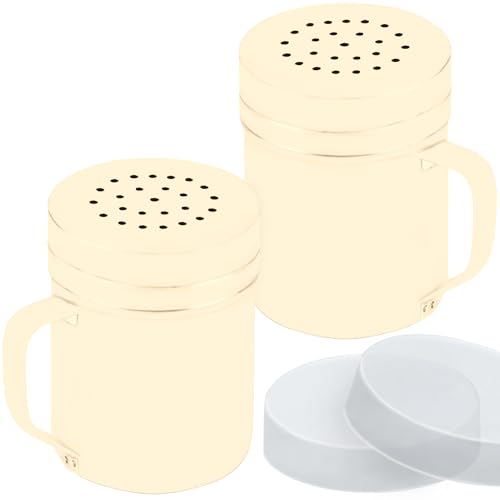 Image of CUSINIUM 6oz Beige Stainless Steel Salt Pepper Dredge Shakers - With Plastic Cap - With Handle - Pack of 2