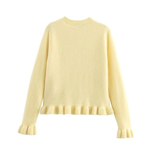 Image of FindThy Women's Cropped Cardigan Sweater Trendy Crewneck Ruffle Long Sleeve Button Down Knitwear Tops