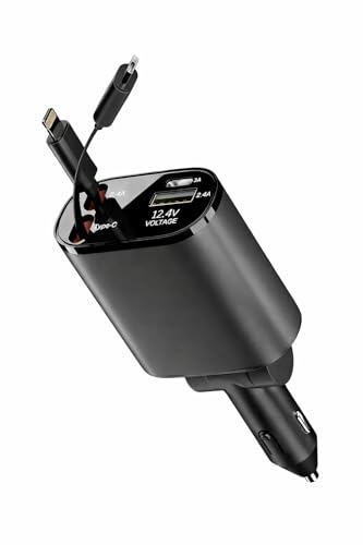 Image of 45W Fast Car Charger with 3-in-1 Cable | PD & QC Super Fast Charging | Type-C + USB-A Output | Supports Dash, Warp, VOOC |Compatible with Cars for iPhone & Android Smartphone (Retractable)