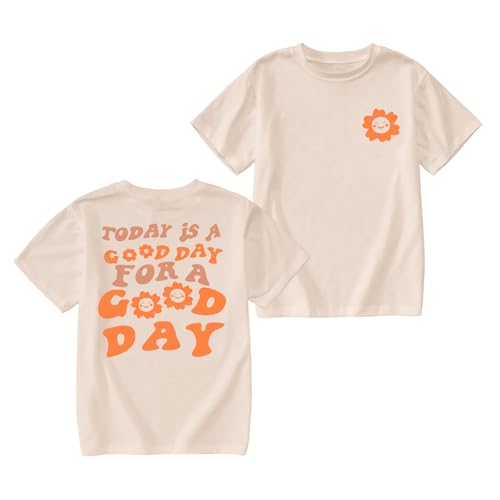 Zoemghc Girl's Graphic Tees Kids Cute Preppy Floral Inspirational Shirts Aesthetic Letter Slogan Loose Fit Casual Summer Tops(Apricot,150)