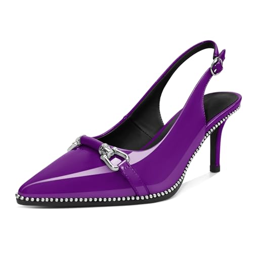 Women's Slingback Stiletto Mid Heels Pointed Toe Trendy Sliver Beaded Heel Pumps Dress Elegant Shoes for Wedding 2.5 Inch Purple Patent Leather US Size 7