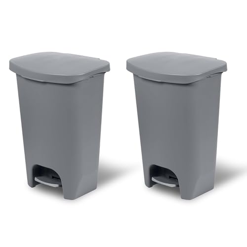 Image of Glad 2 Pack 13 Gal Trash Can | Plastic Kitchen Waste Bin with Odor Protection of Lid | Hands Free with Step On Foot Pedal and Garbage Bag Rings, Grey