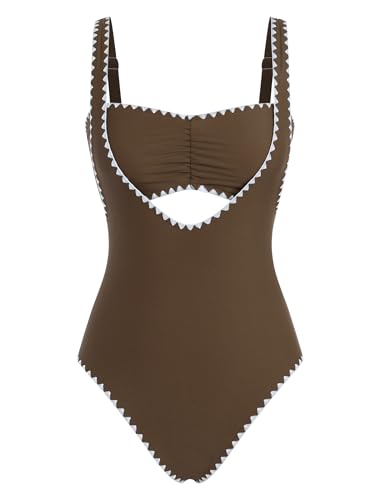 Image of ZAFUL Bikini Sets for Women Color Block Ruched Bandeau Bikini V Neck Tummy Control Swimsuit Romper 2 Piece Bathing Suit