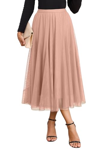 Happy Sailed Pink Skirt for Women Elastic High Waisted A-Line Pleated Flowy Long Tulle Skirts for...